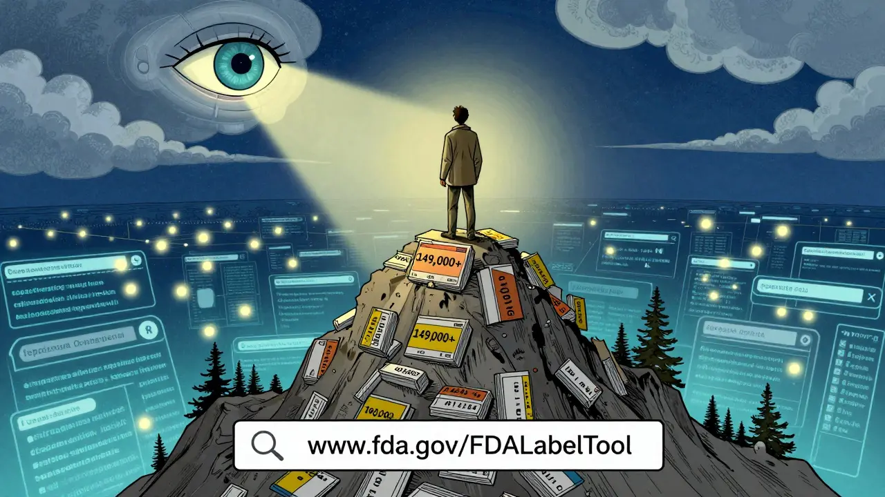 Figure atop a mountain of drug labels gazing at search queries glowing like stars, with FDA website visible below.