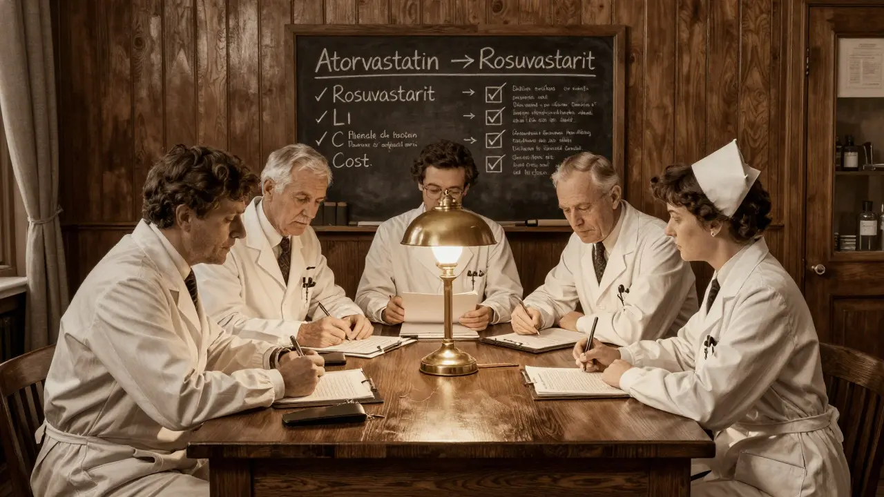 Healthcare team reviews drug formulary at oak table with clinical charts.