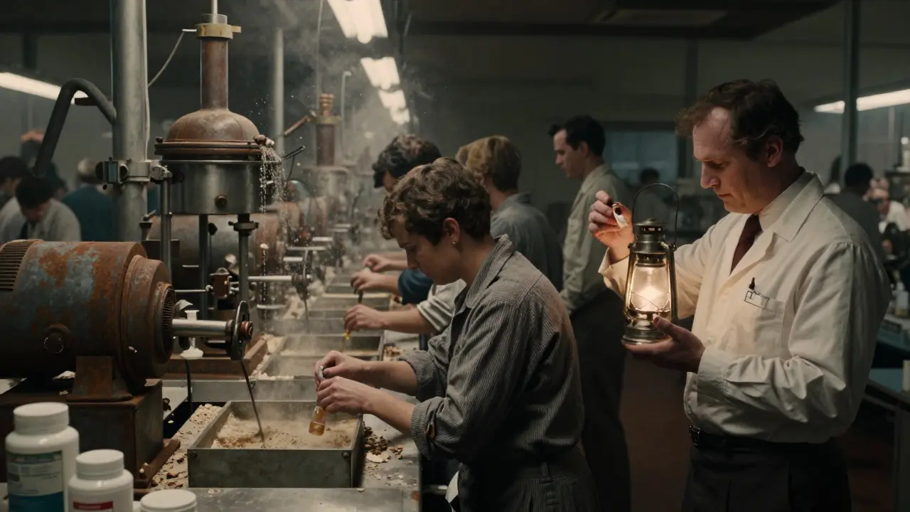 Old factory with workers handling open drug production lines, dust floating in dim light.