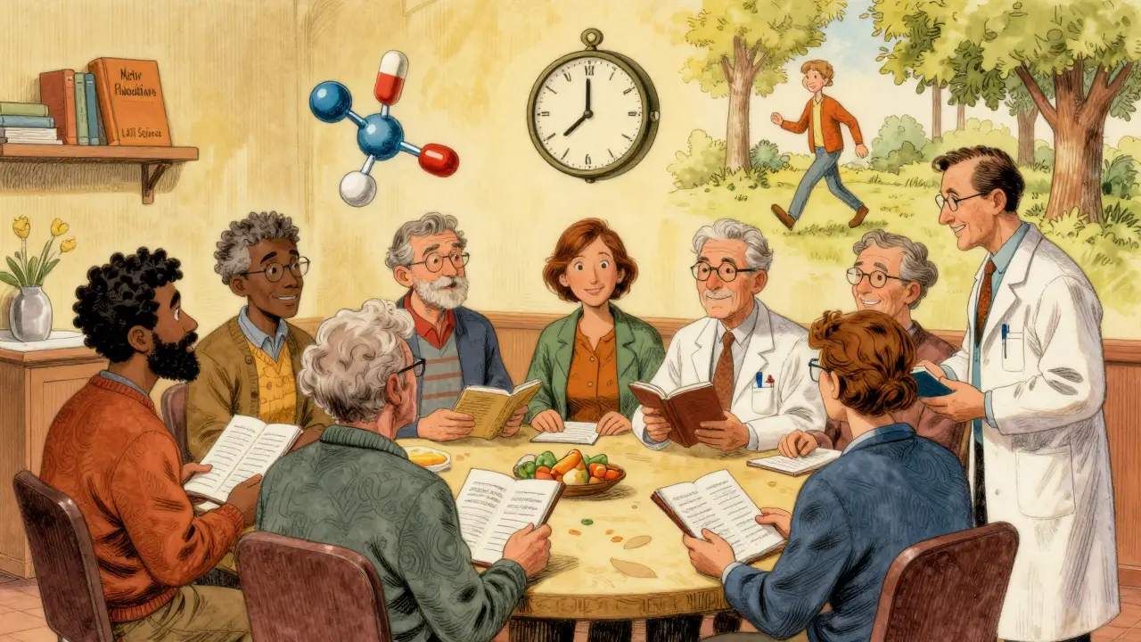 Parkinson’s patients and dietitians gather with visual metaphors of protein and medication timing.