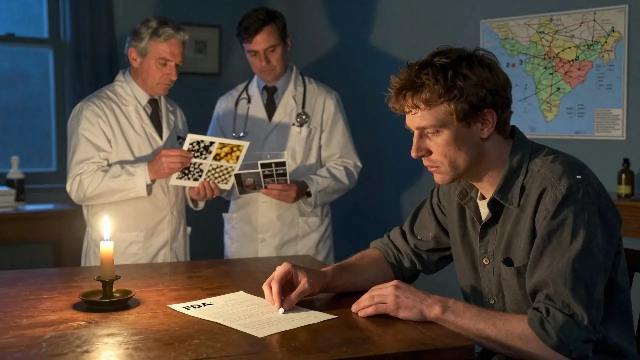 Patient and medical staff reviewing contaminated drug photos and FDA letter at home.