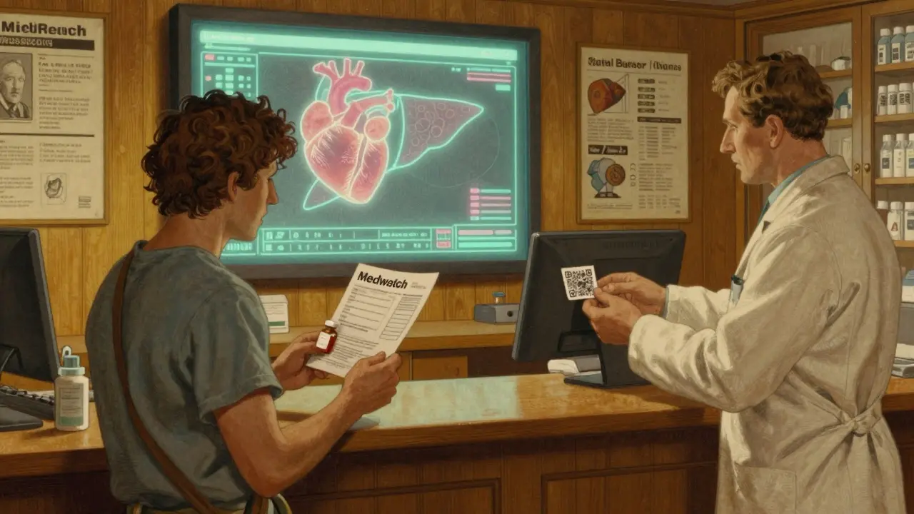 Patient at pharmacy receiving MedWatch QR code, with abstract data streams forming organs in the background.