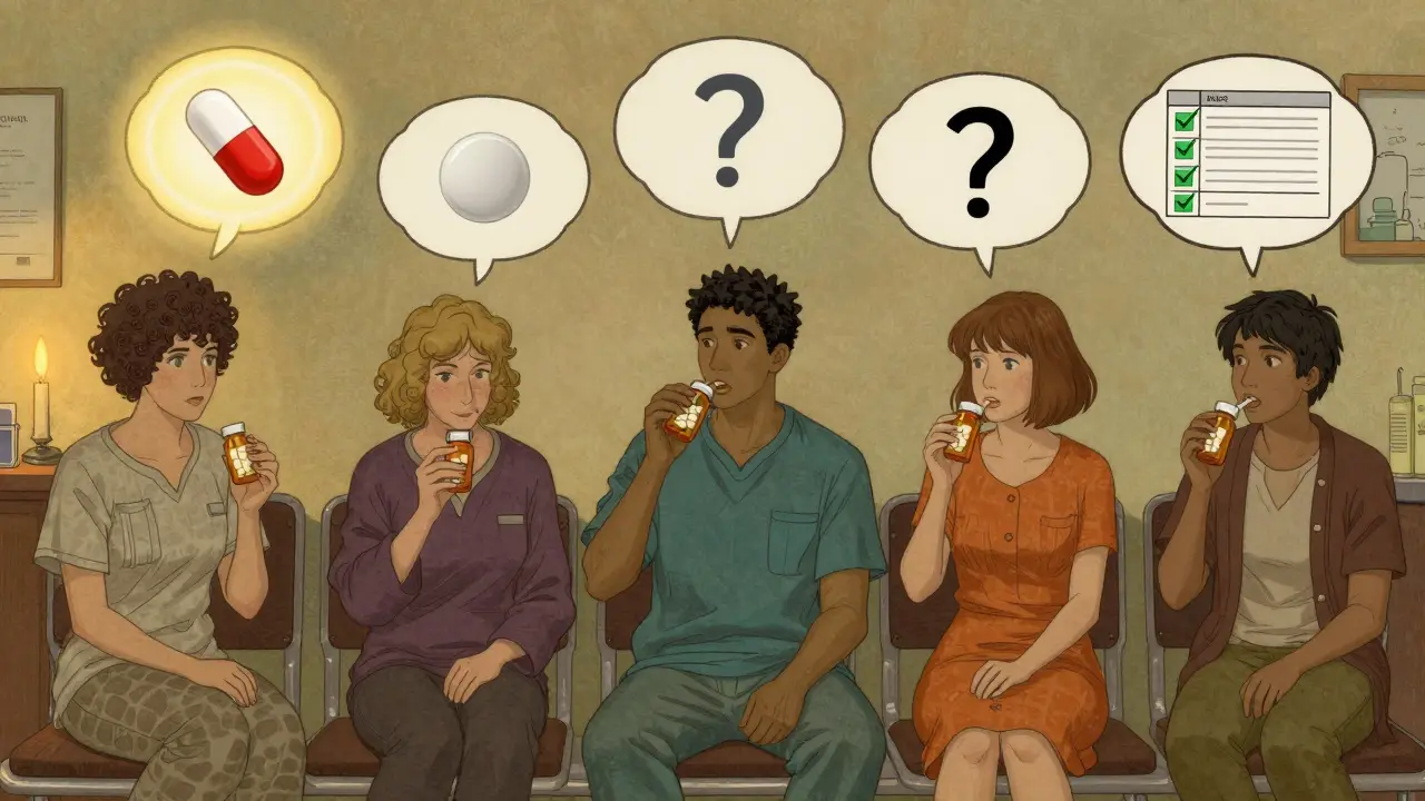 Patients in a clinic wait with thought bubbles showing different perceptions of generic medications.