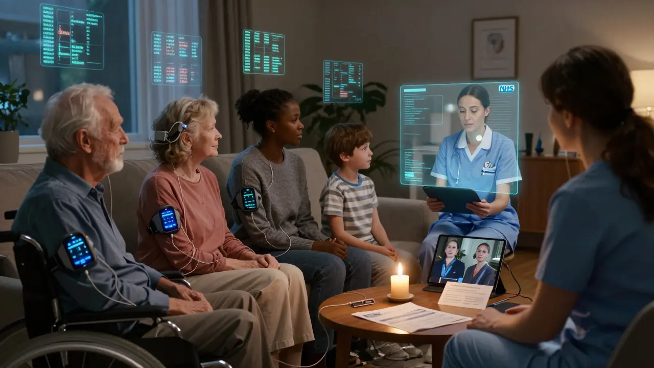 Patients in home connected to health monitors, nurse video-calling from tablet, candle beside unused hospital card.