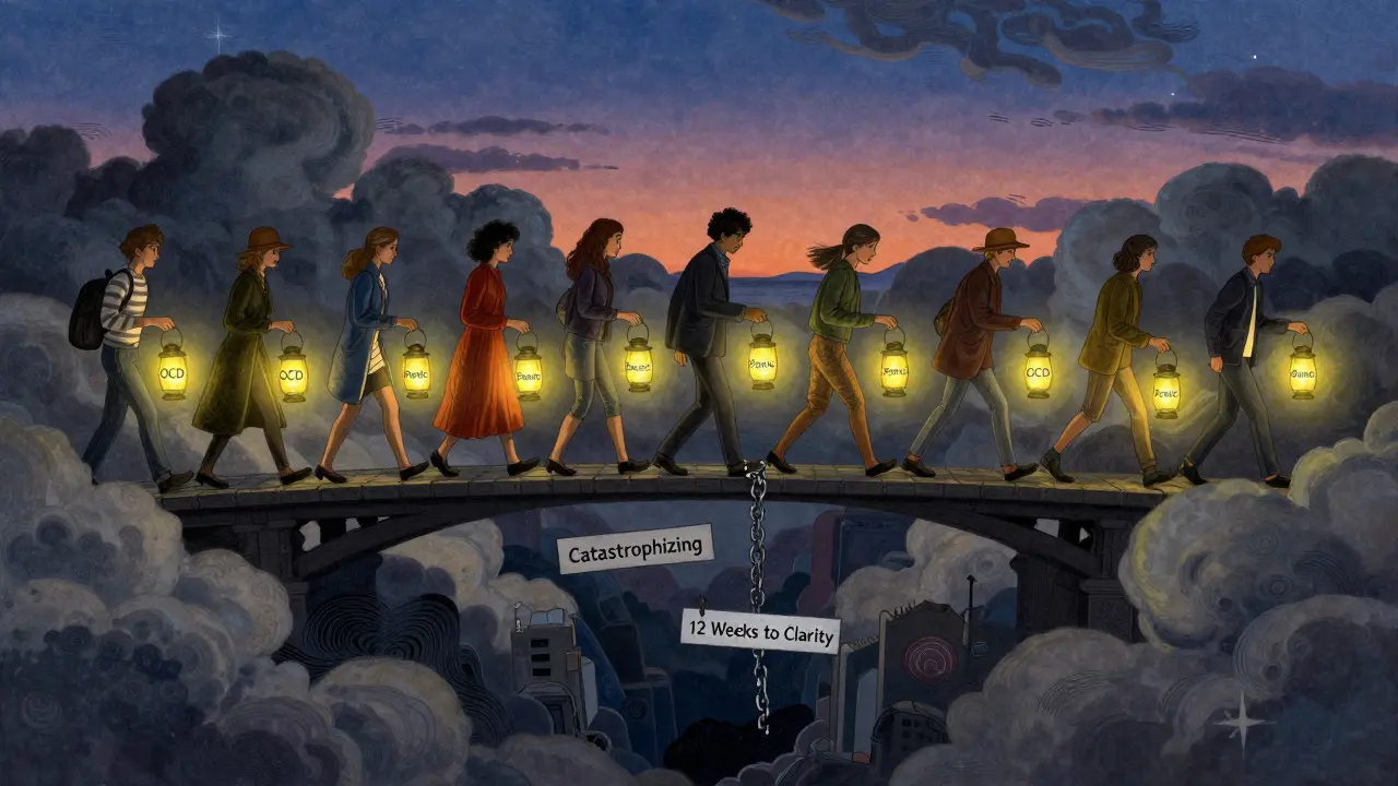 People crossing a bridge over anxiety, each holding a lantern of healing, in classic illustrative style.