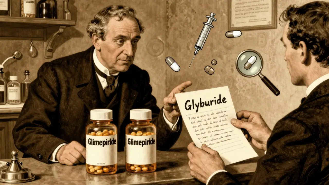 Pharmacist explains similar-looking pills with Tall Man Lettering to patient.