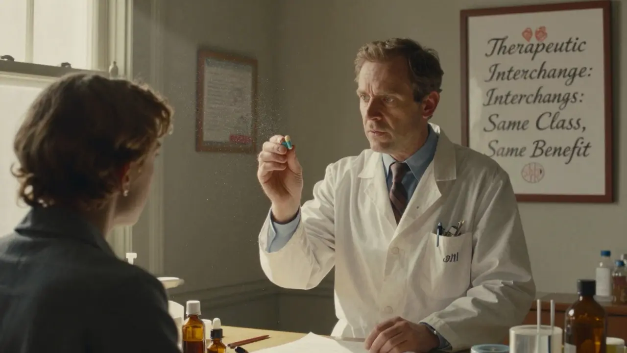 Pharmacist holds two pills as patient looks on, with therapeutic interchange poster visible.