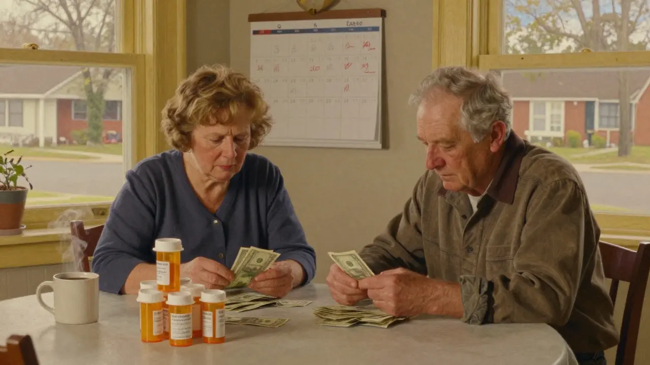 Retired couple counting cash at kitchen table with generic prescription bottles and savings noted on calendar.