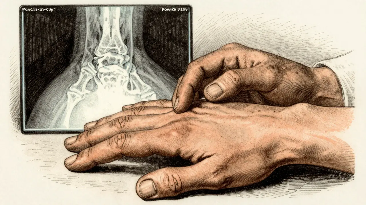 Rheumatologist examining a patient's swollen finger with pitted nails and scaly skin, X-ray visible in background.