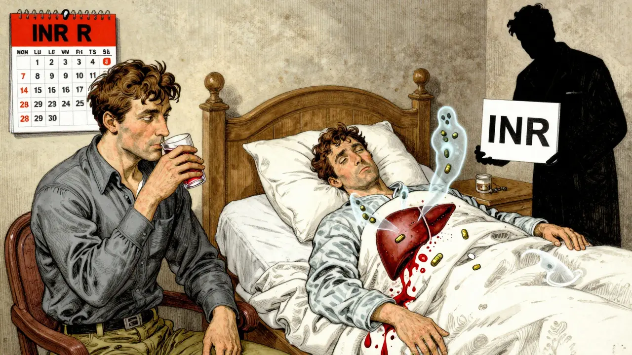 Split illustration: man drinking cranberry juice vs. same man bleeding in bed with molecular warnings.