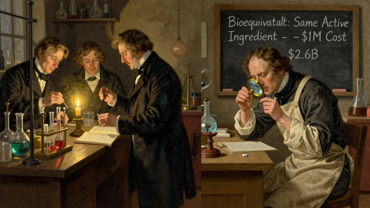 Split scene: expensive clinical trials on left, simple generic testing on right with cost comparison.