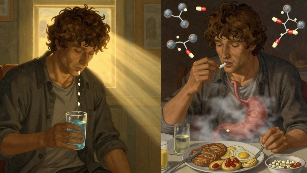 Split scene: morning fasting pill intake vs. same pill delayed by food, with scientific symbols of interference.