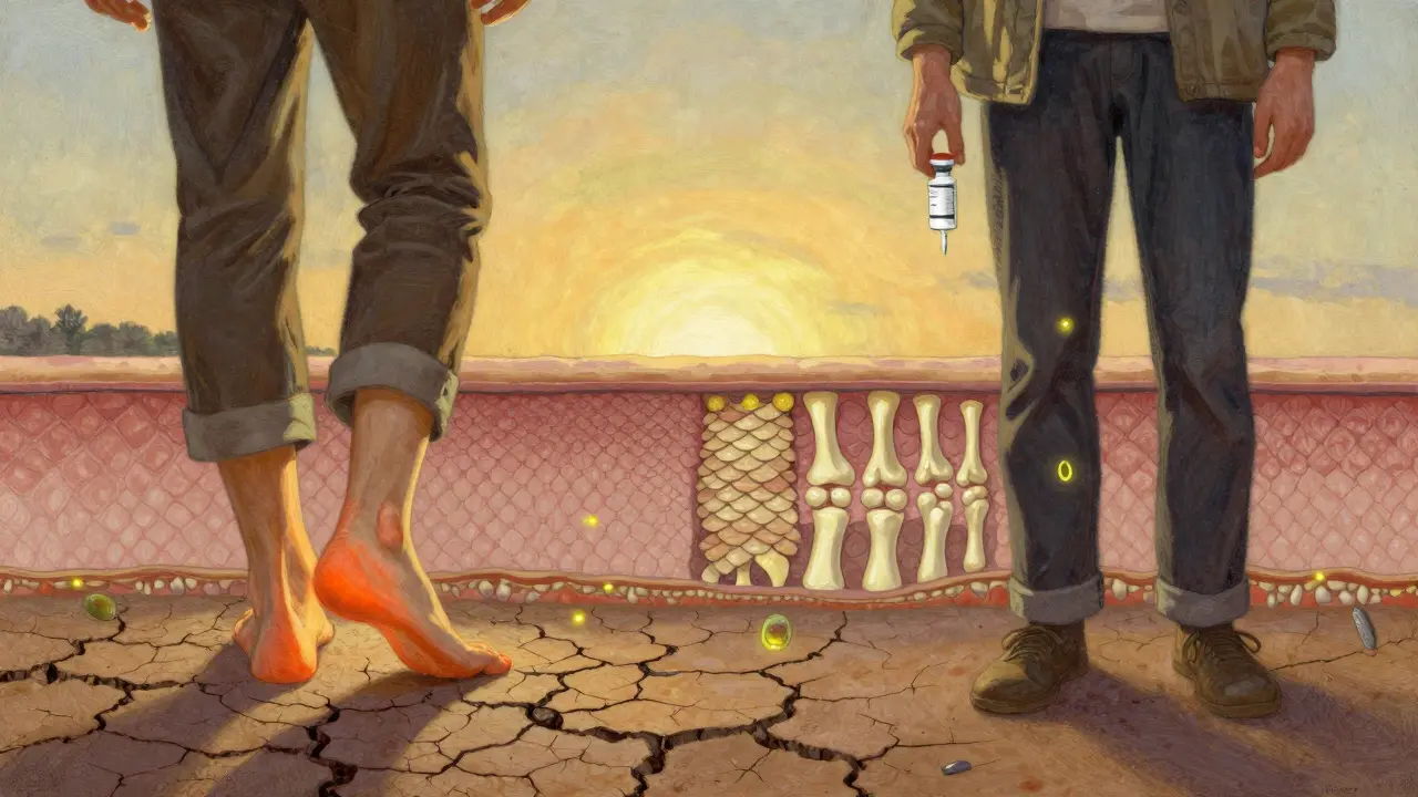 Split scene: person in pain walking barefoot vs. same person healthy with injection, connected by skin-joint bridge.