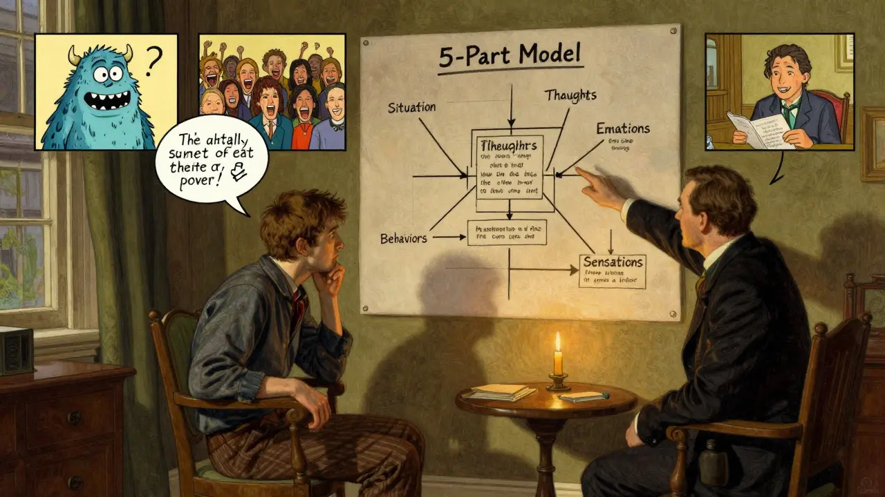 Therapist and patient reviewing a hand-drawn cognitive model in a warm, book-filled study.