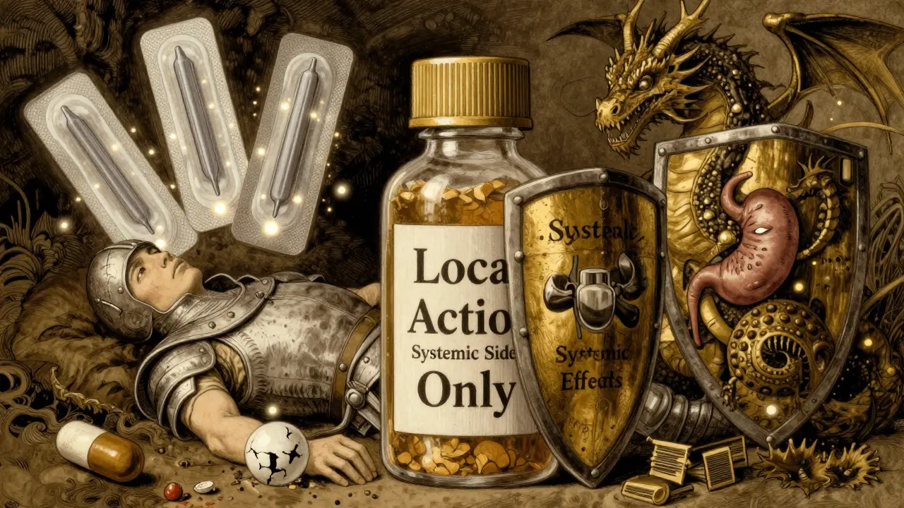 Topical gel as knight defending joint from systemic side effect monsters, with microneedle patches glowing in background.