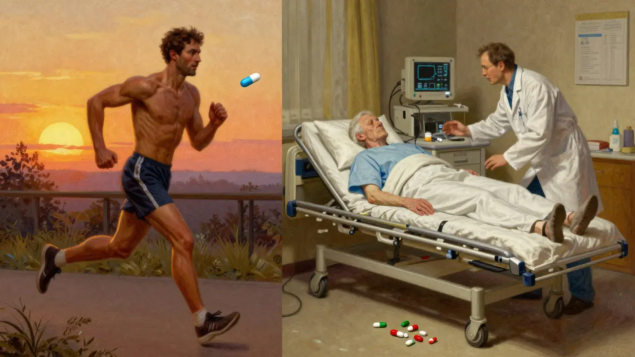 Two contrasting scenes: a healthy man jogging with safe meds vs. an elderly patient collapsing with dangerous meds.
