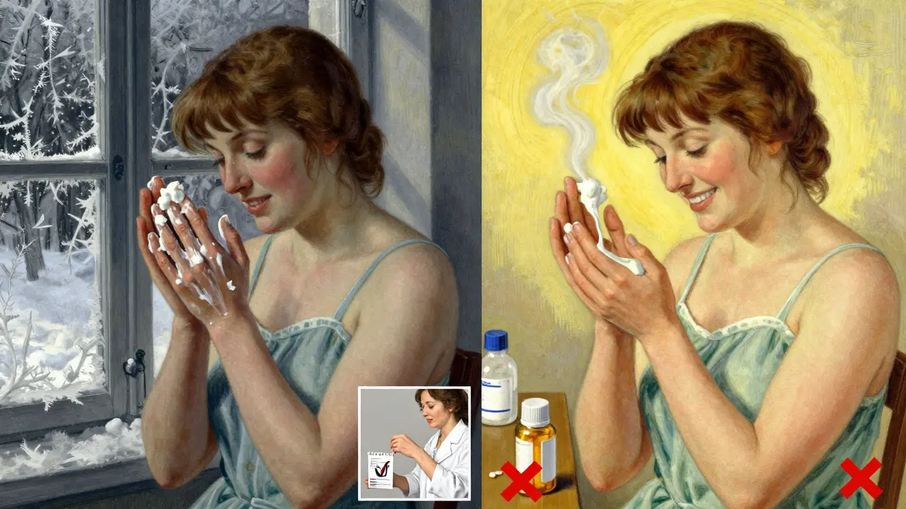 Woman applying pain relief cream in warm room vs. struggling in cold room, showing temperature’s effect on absorption.