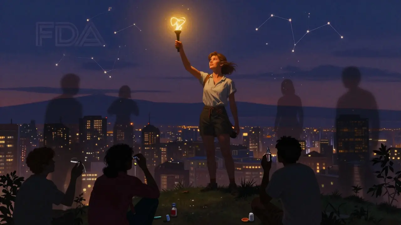 Woman holding MedWatch form like a torch on a hill, silhouettes of people below dissolving into light.