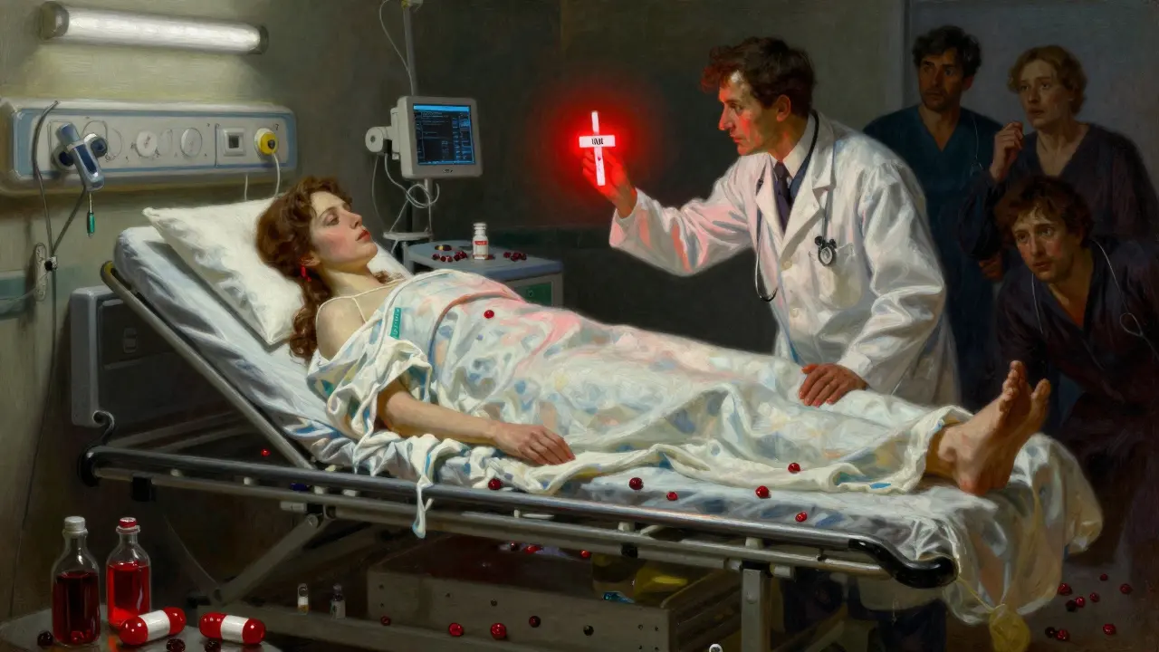 Woman in hospital ER with INR test strip glowing red, cranberry products scattered on floor.