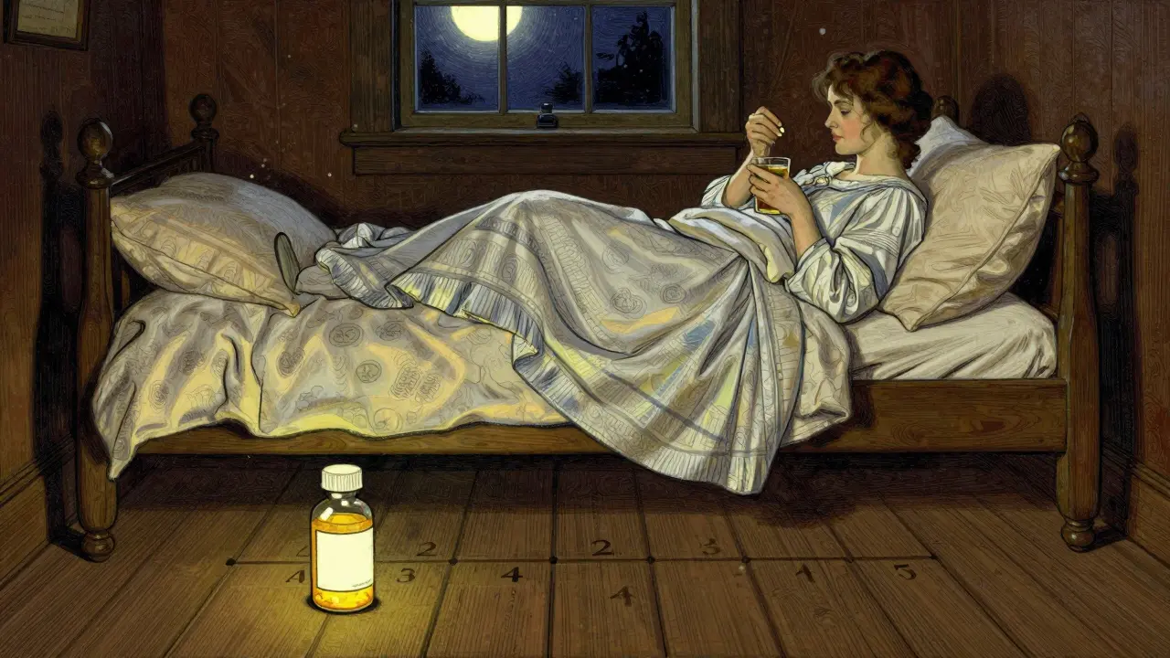Woman taking thyroid pill with apple juice at night, iron supplement across the room.