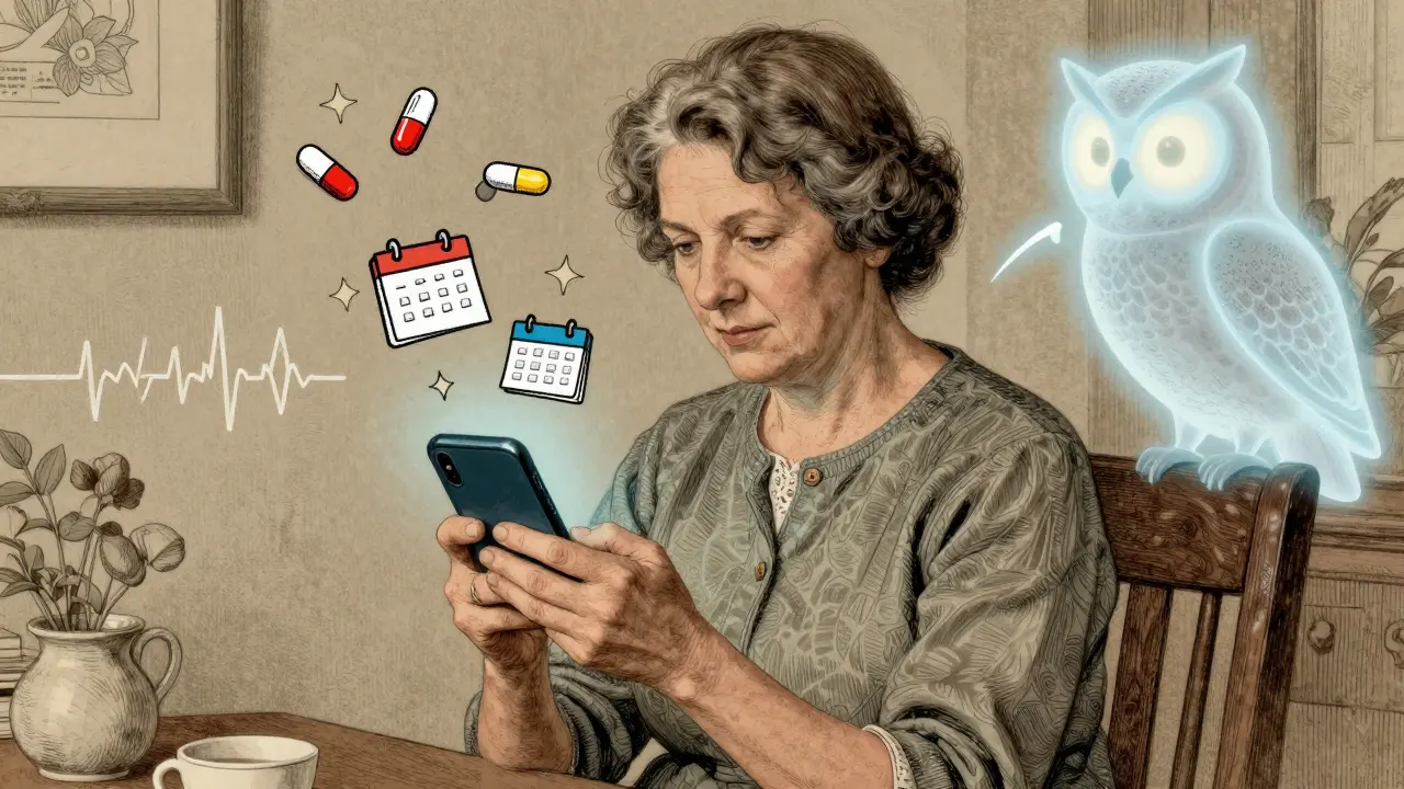 Woman using a health app at home, with floating icons of medication and vital signs, guided by a gentle AI owl.