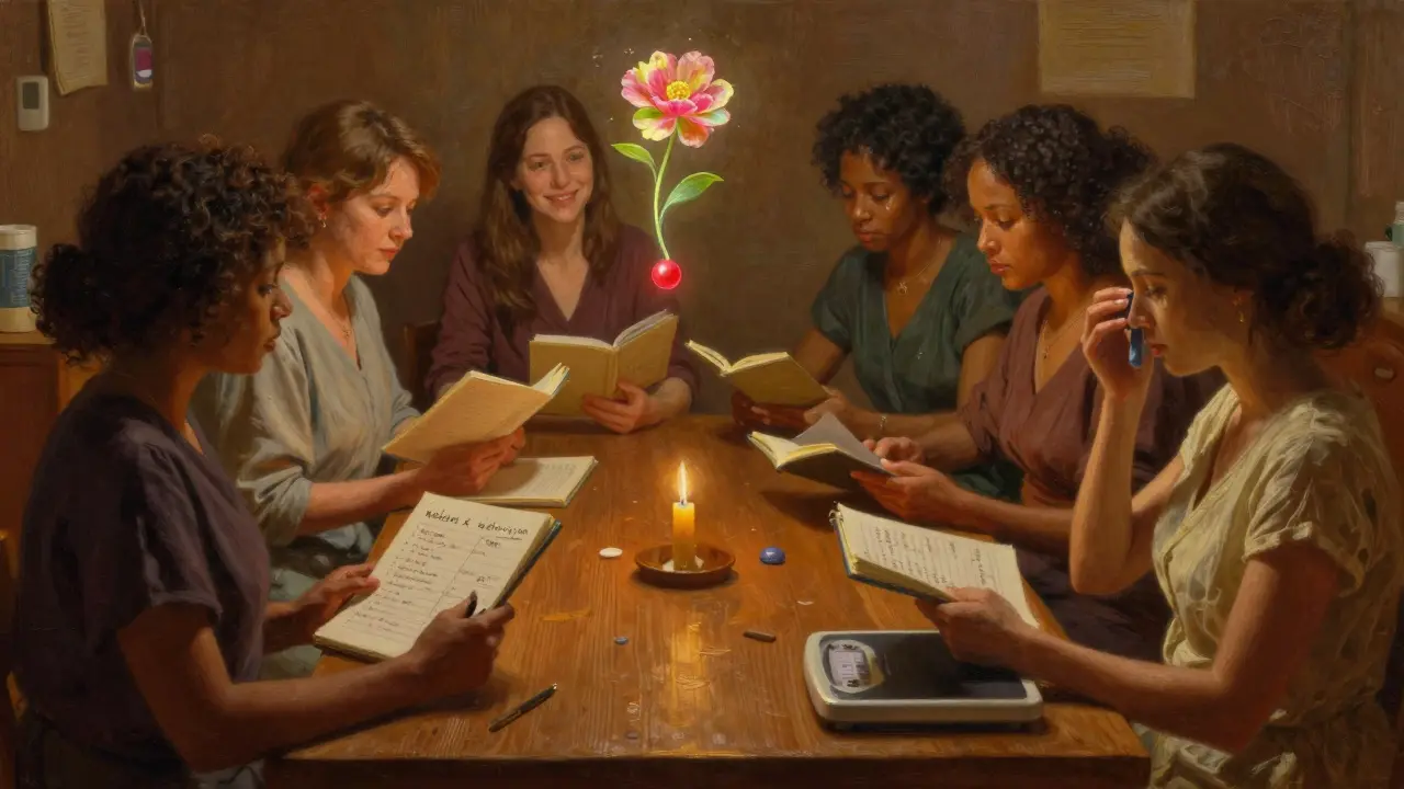 Women in a clinic journal their progress with GLP-1 treatment, glowing symbols of health and ovulation above them.