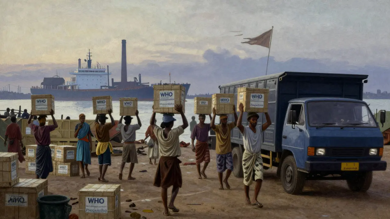 Workers unload generic medicine crates from a cargo ship at a coastal port at dawn.