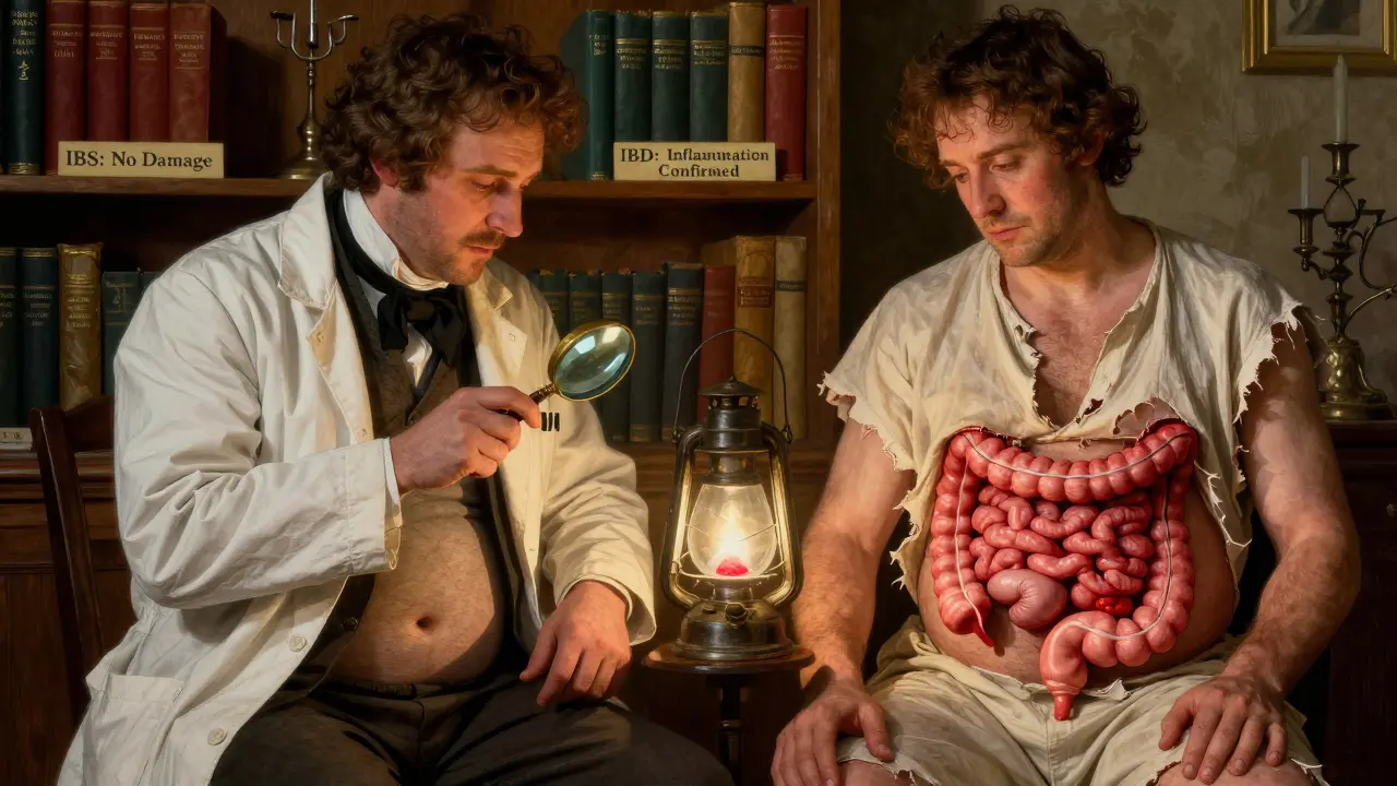 A 19th-century doctor examining two patients with contrasting bowel conditions, one with normal tissue and another with visible inflammation and bleeding.
