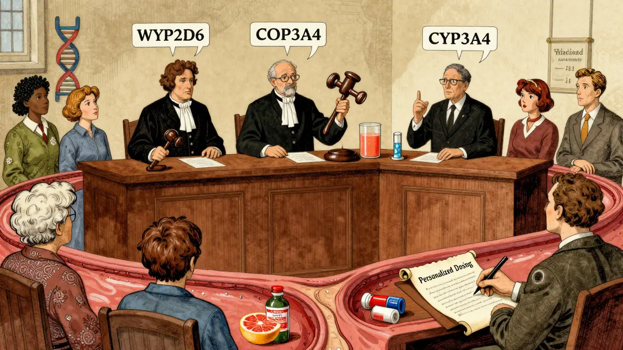 A courtroom inside the human body where drugs and enzymes face judgment, with genetic and dietary factors as evidence, rendered in Howard Pyle's illustrative style.
