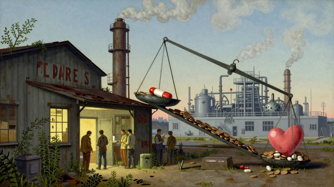 A decaying U.S. drug factory contrasts with a bustling overseas plant, as pennies outweigh a life-saving pill on a tipping scale.