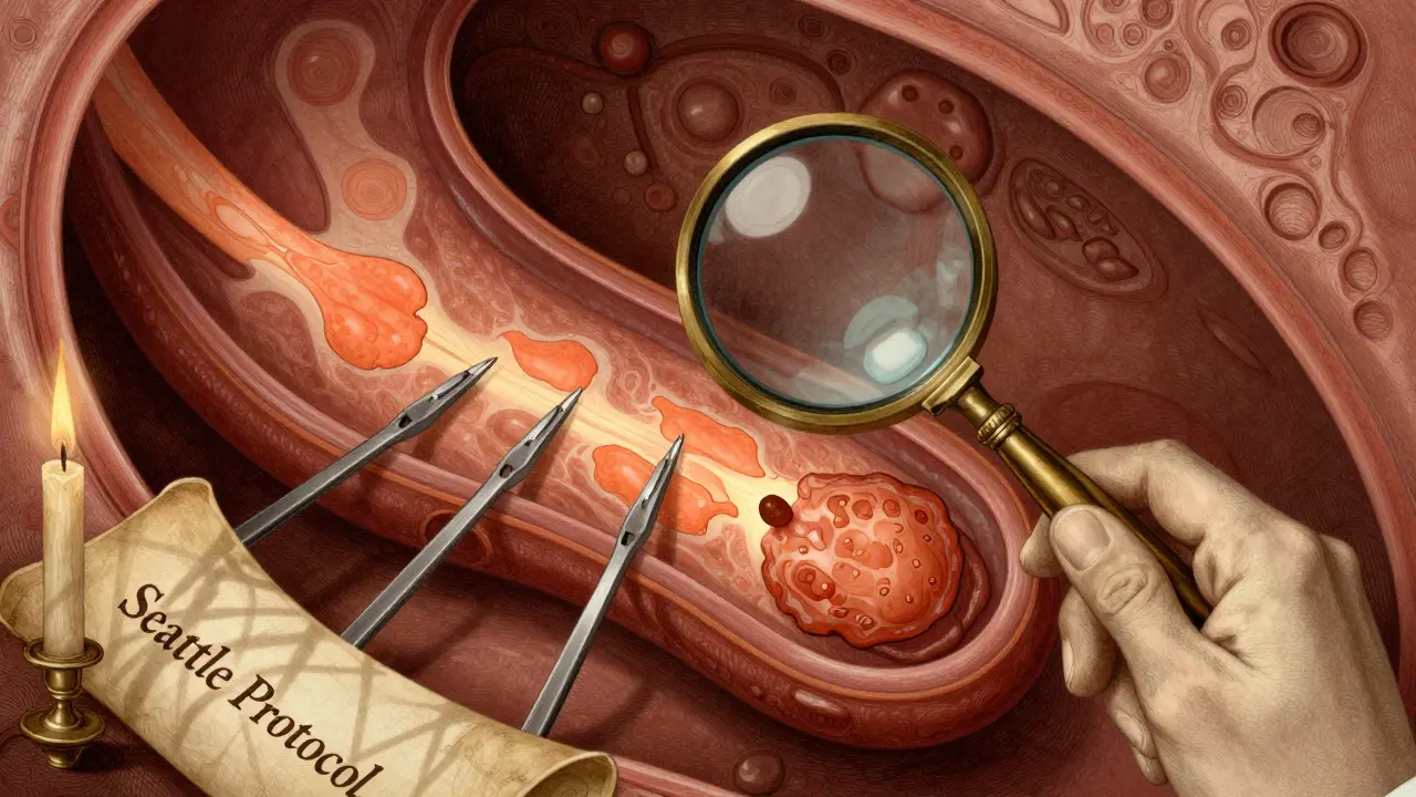 A doctor performing endoscopy with biopsy forceps collecting tissue samples from abnormal esophageal patches.
