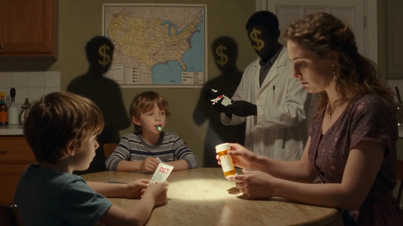 A family at a kitchen table faces an empty pill bottle, while a shrinking map of U.S. drug production hangs on the wall behind them.