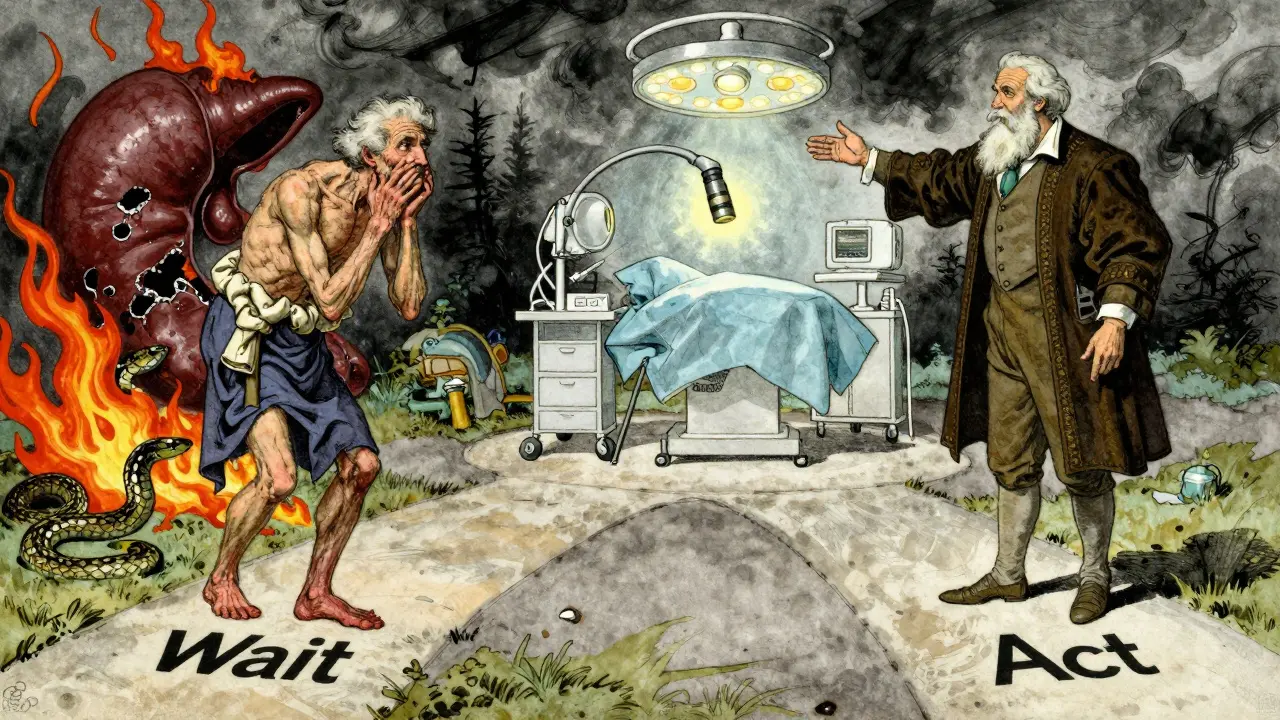 A man at a crossroads between delaying surgery and seeking treatment, depicted in Howard Pyle's allegorical illustration style.