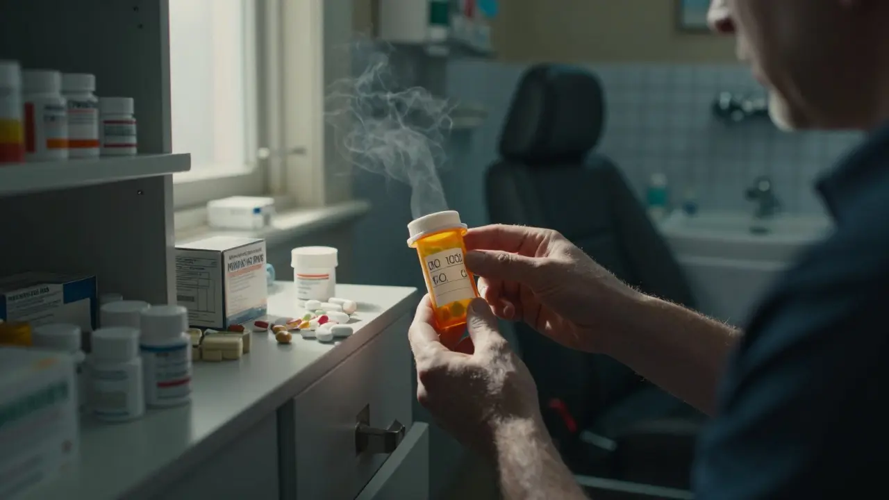 A pharmacist explains dual expiration dates on medication, with safe storage shown in sunlight and improper storage in shadows.