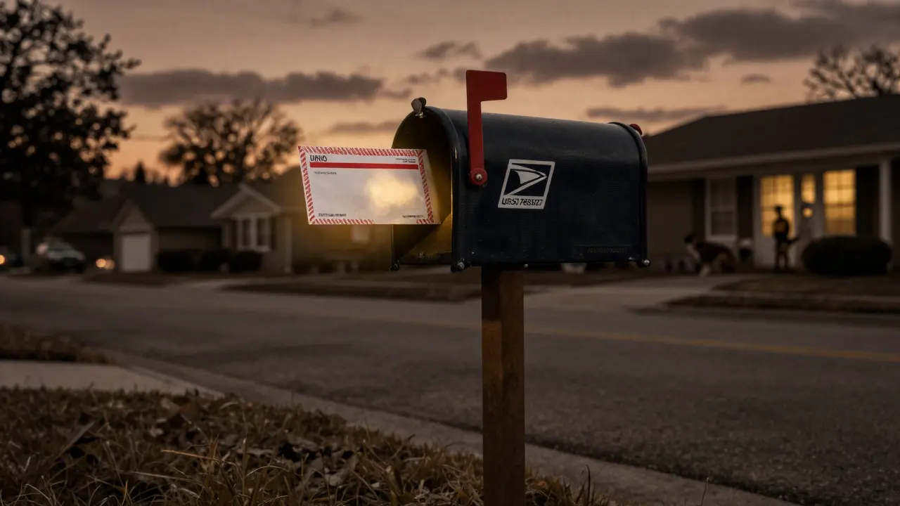 A prepaid drug envelope being mailed through a U.S. postal box at dusk.