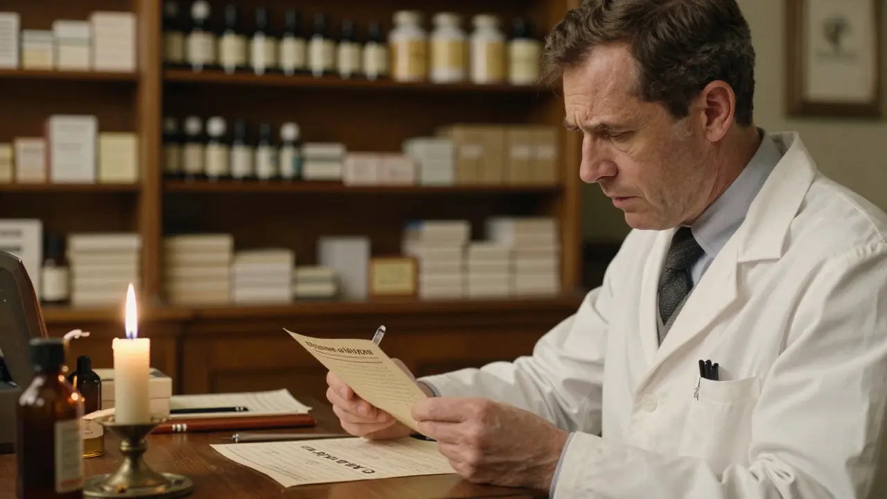 Doctor writing prescription with pharmacy staff in background