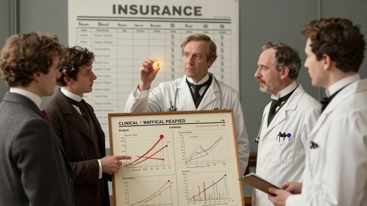 Doctors gather around medical chart of NTI drugs, brand pill glowing as insurer ledger fades into background.