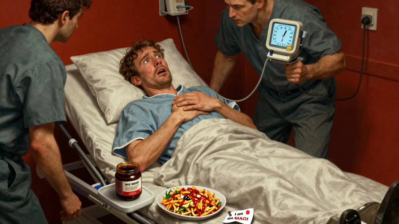 Emergency room scene with patient in distress, medical staff rushing, and spilled fermented foods on the floor near a spiked blood pressure monitor.