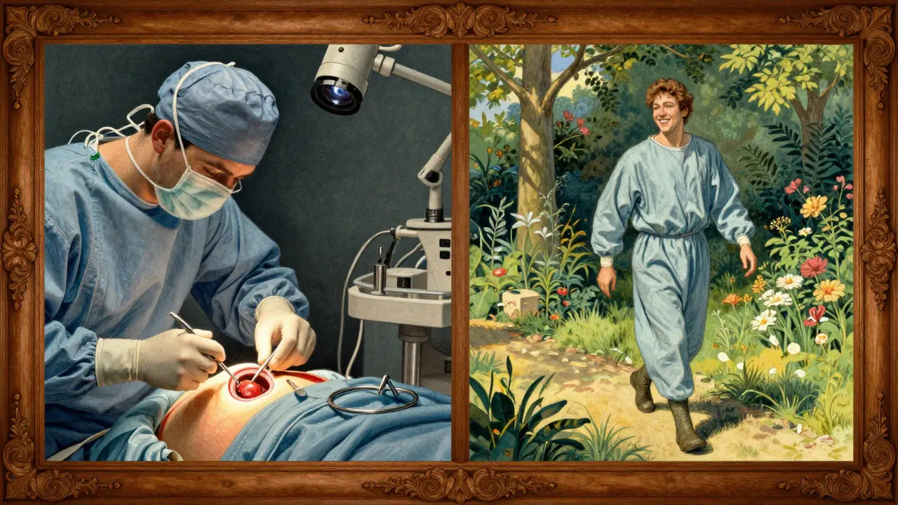 Laparoscopic gallbladder surgery on the left, happy recovery on the right, shown in classic Howard Pyle illustrative style.