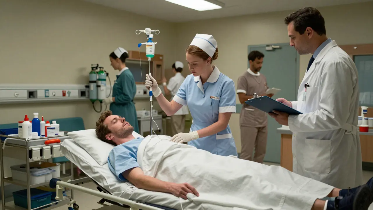 Nurse administering IV pre-medication to a patient in emergency room, with crash cart visible in background.