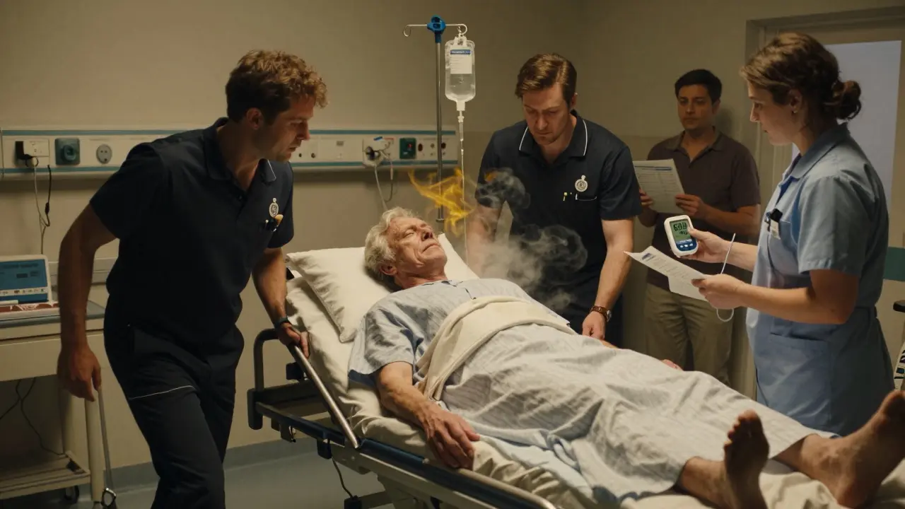 Paramedics rushing a patient in ER with blood glucose monitor showing 680 mg/dL, fruity breath visualized as golden mist.