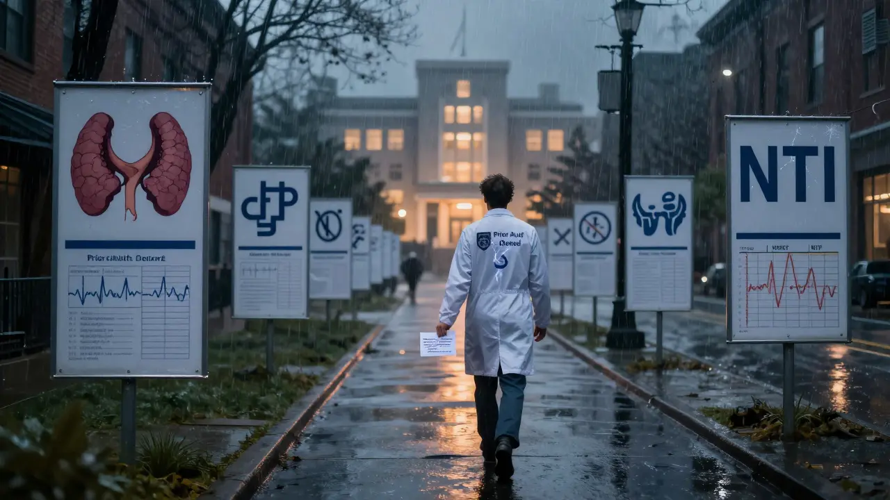 Patient walks through stormy street holding 'Denied' letter, NTI drug symbols lit by lightning toward distant hospital.