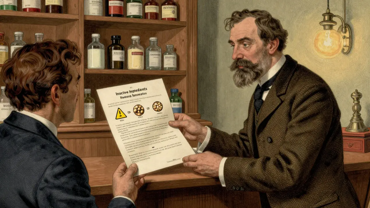 Pharmacist handing patient detailed medication insert with allergen icons floating above the text.