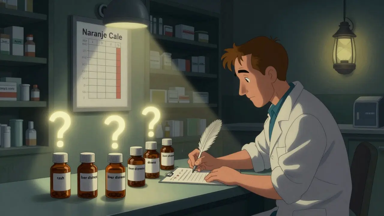 Pharmacist using a quill to score drug reaction questions under a single lantern beam.