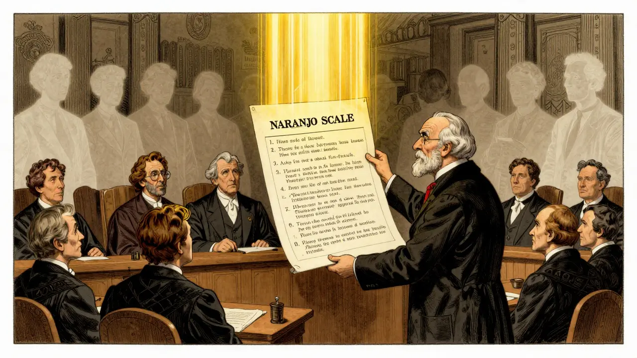 Pharmacologist presenting the Naranjo Scale before judges with historical and modern patient silhouettes.