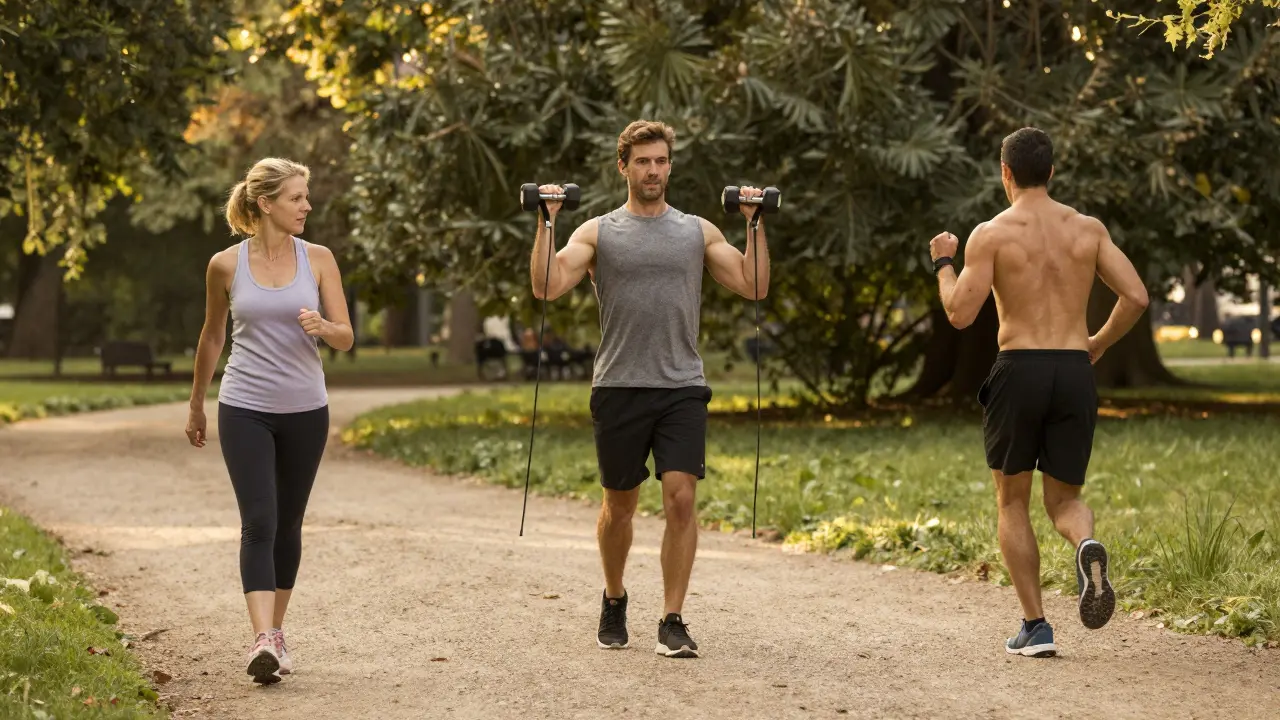 Three people exercising differently for diabetes management in a park setting.