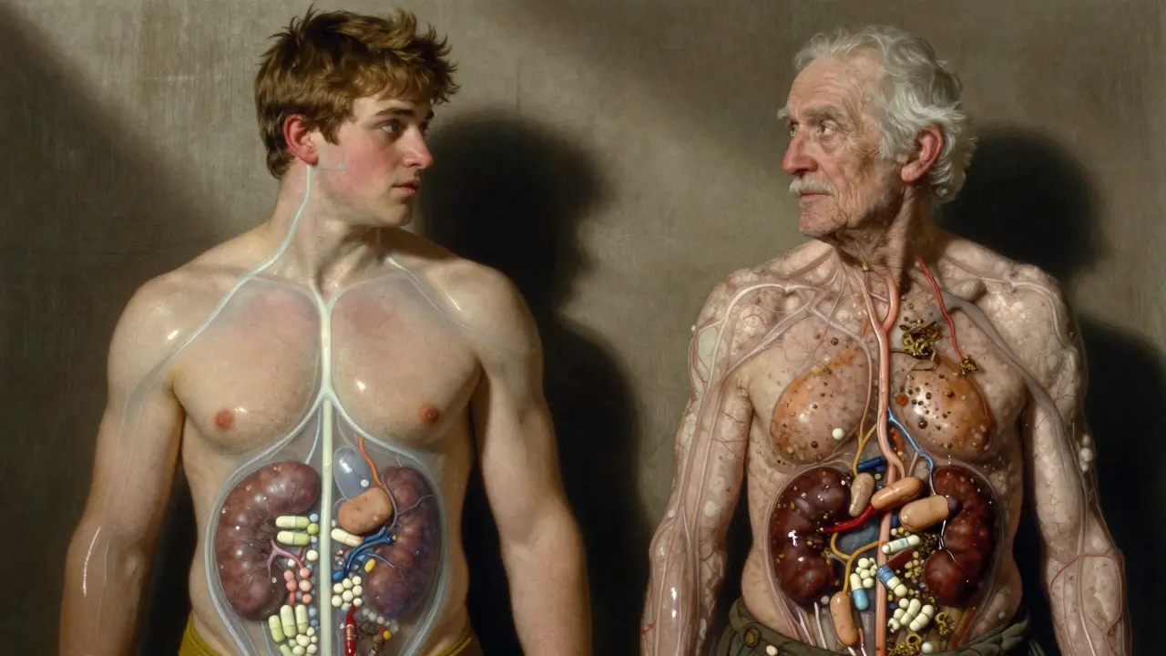 Two people, young and elderly, with internal drug pathways visualized differently, showing how aging slows drug processing in the body.