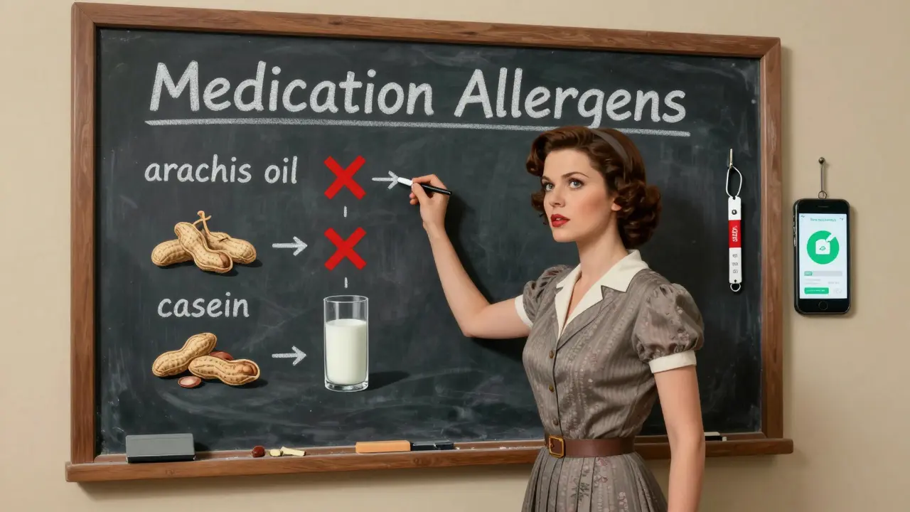 Woman labeling hidden allergens on a chalkboard while medical alert bracelet and scanning app are visible.