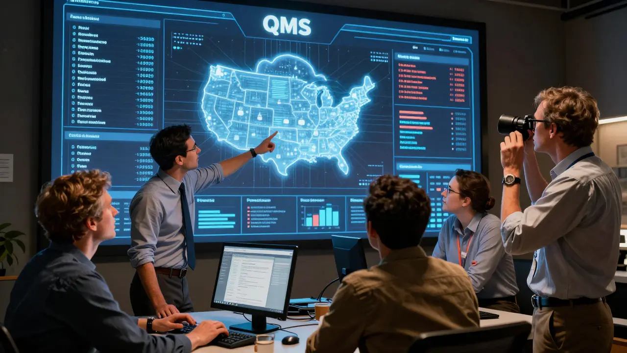 A diverse team gathers around a glowing cloud-based dashboard, urgently analyzing real-time quality data from multiple factories.