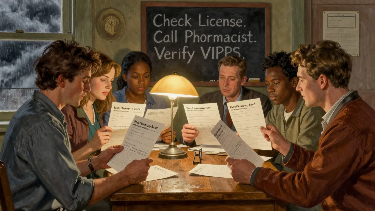 A group of people verifying pharmacy licenses at a wooden desk under a warm lamp.